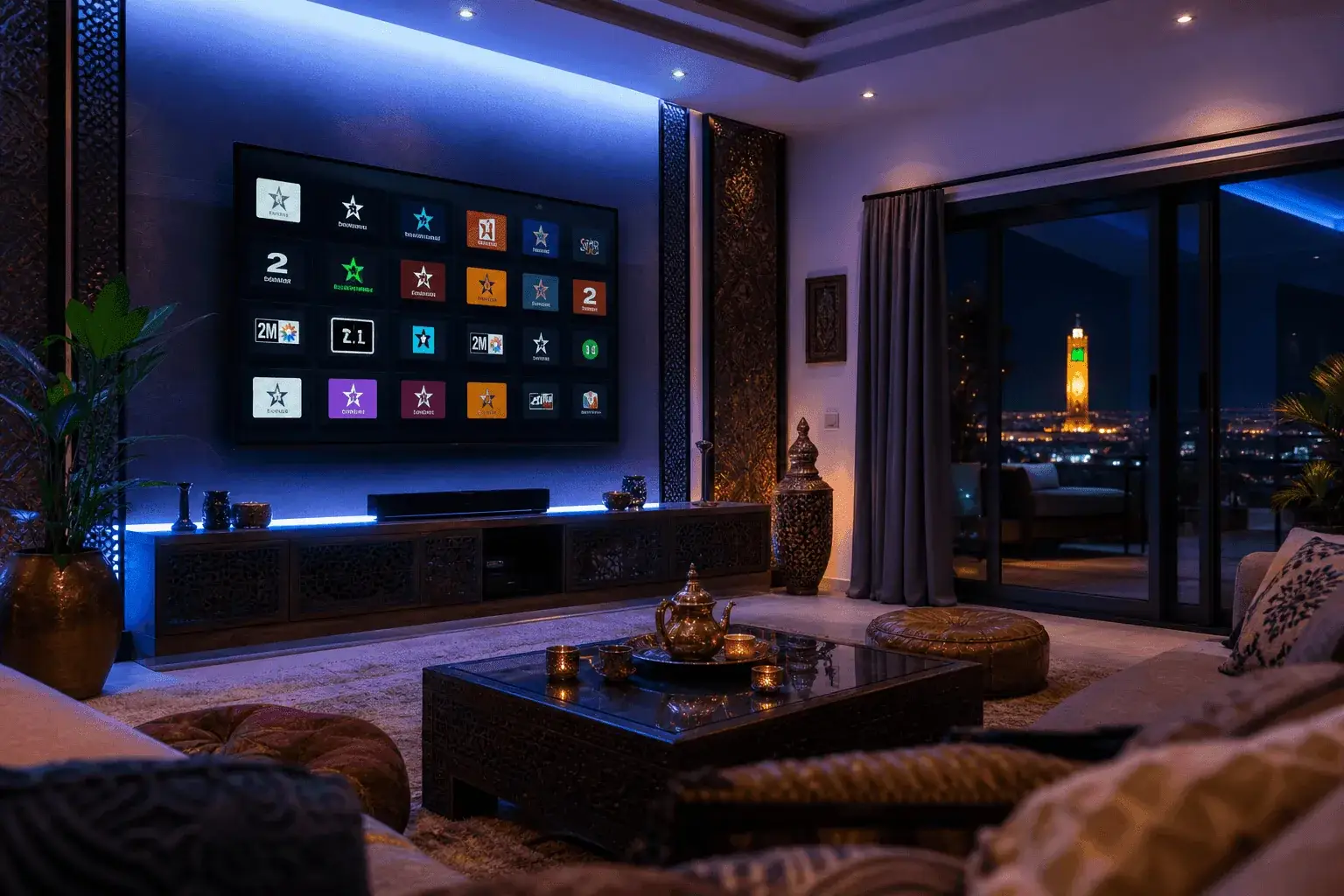 Chaînes IPTV Maroc — 2M Al Aoula Arryadia Tamazight en direct Smart TV affichant les chaînes marocaines 2M, Al Aoula et Arryadia en direct — IPTV MAROC